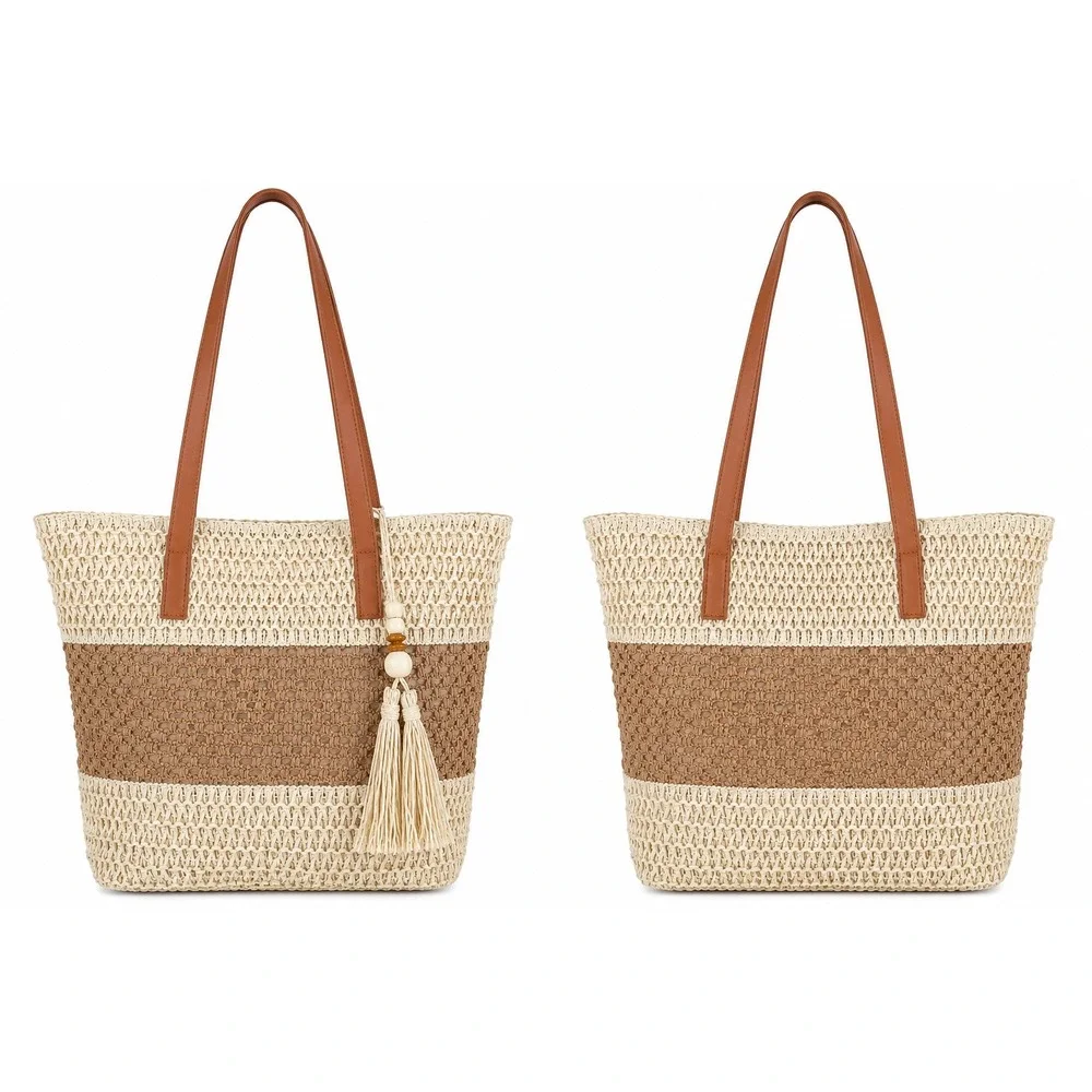 Woven Tote Bag Large Tan Cream Crochet Straw Tassel Coastal Resort Boho Beach